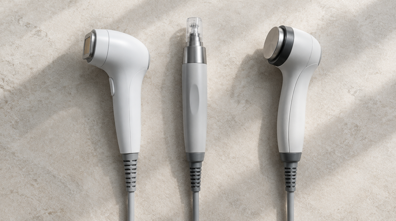 Three different medical device handpieces laid side by side in a row on a pale stone surface, photographed from directly above.