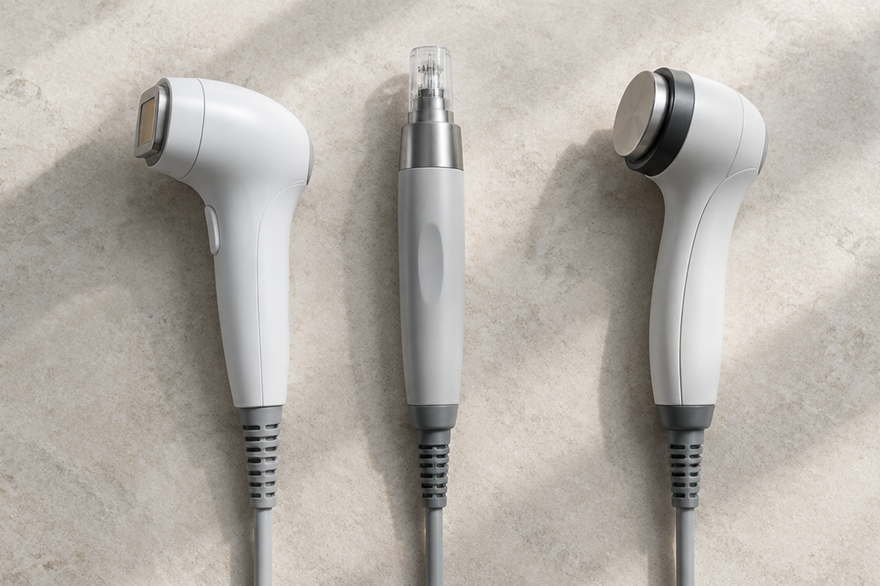 Three different medical device handpieces laid side by side in a row on a pale stone surface, photographed from directly above.