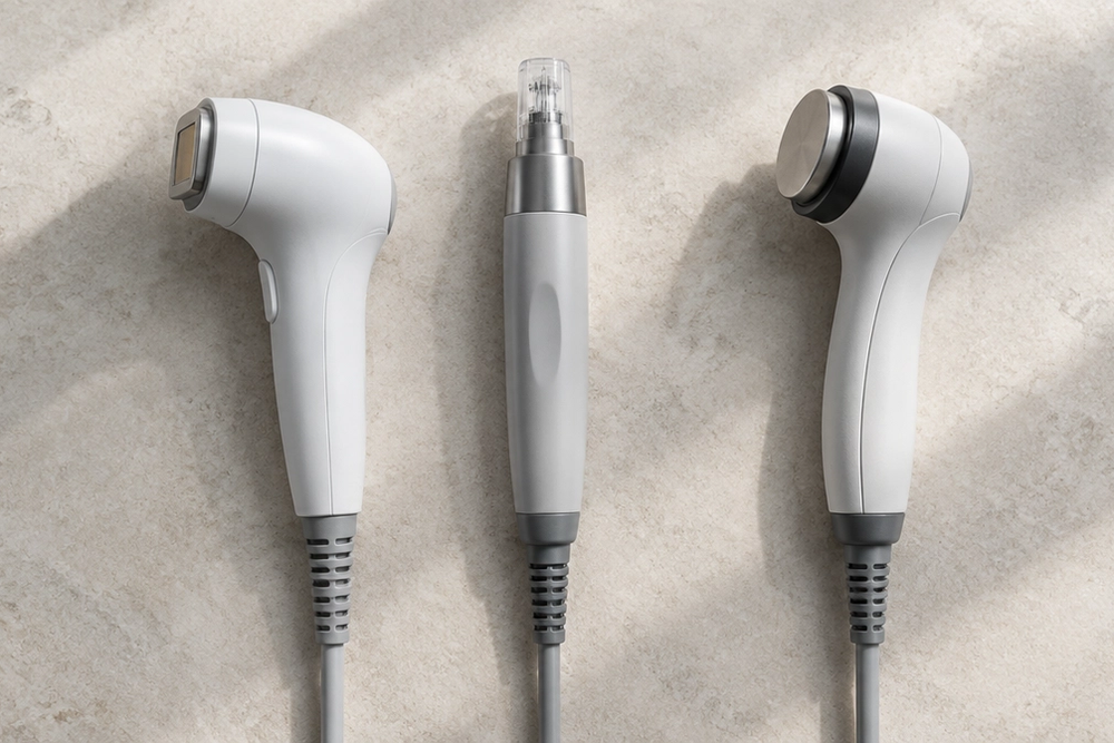 Three different medical device handpieces laid side by side in a row on a pale stone surface, photographed from directly above.