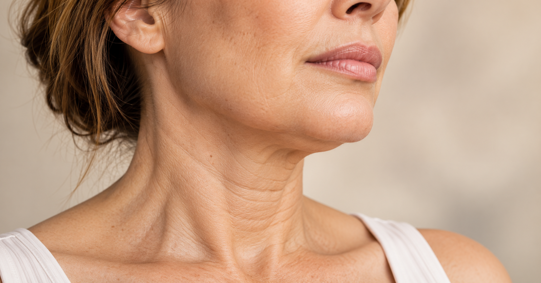 Close-up of a woman's neck and jawline showing natural skin texture, horizontal neck lines and mild looseness beneath the chin.