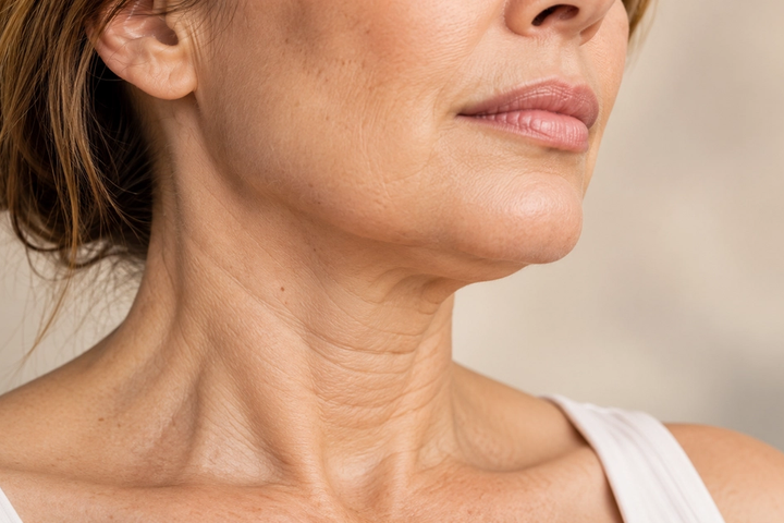 Close-up of a woman's neck and jawline showing natural skin texture, horizontal neck lines and mild looseness beneath the chin.