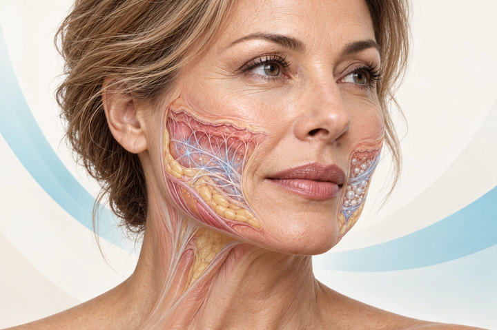 Medical illustration comparing collagen stimulation with Sculptra and Radiesse in the facial tissues.