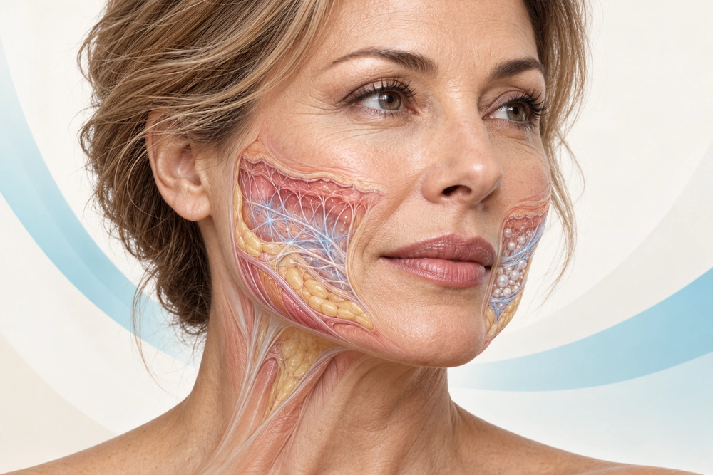 Medical illustration comparing collagen stimulation with Sculptra and Radiesse in the facial tissues.