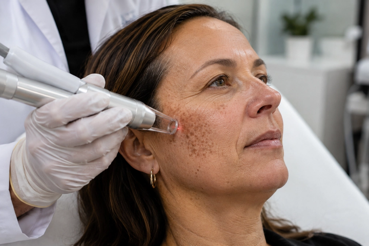 Woman with visible sun spots on her cheek receiving a Cutera Enlighten PICO Genesis laser treatment.