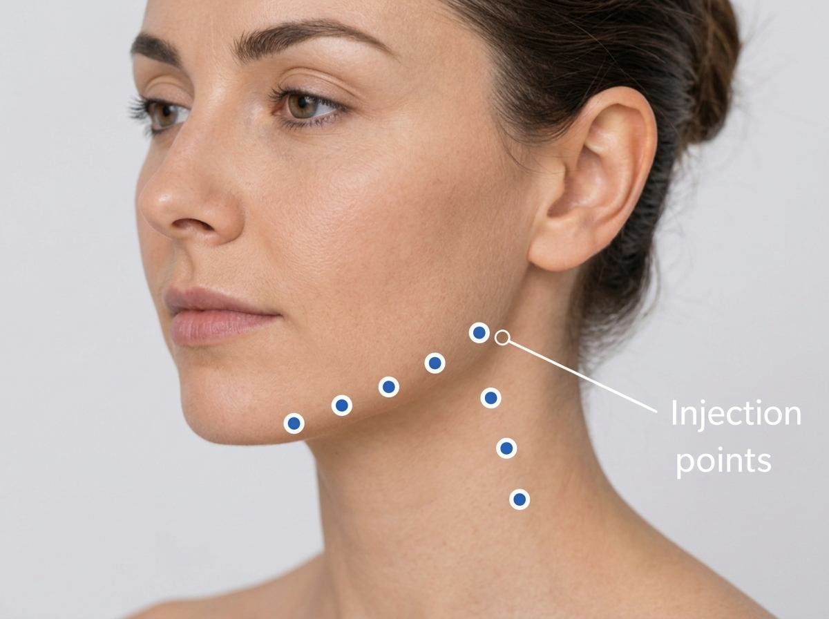 Nefertiti Lift injection points along the jawline and upper neck
