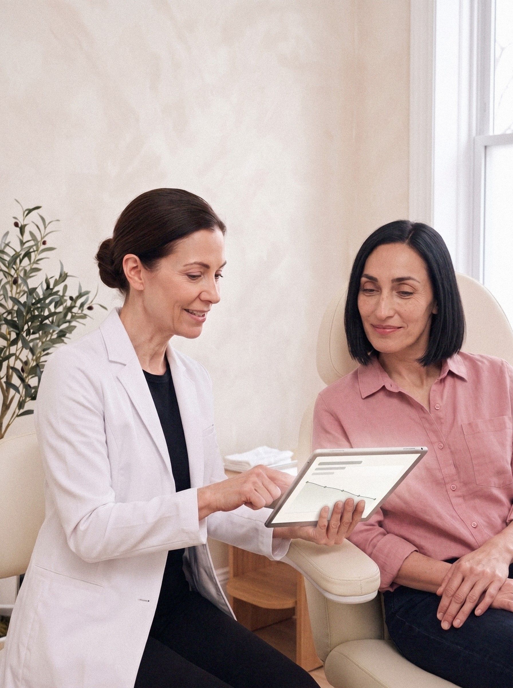 A physician at Ideal Body Clinic shows a patient her progress chart on a tablet during a medical weight loss consultation.