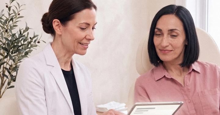A physician at Ideal Body Clinic shows a patient her progress chart on a tablet during a medical weight loss consultation.