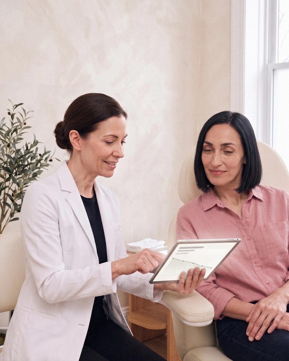 A physician at Ideal Body Clinic shows a patient her progress chart on a tablet during a medical weight loss consultation.