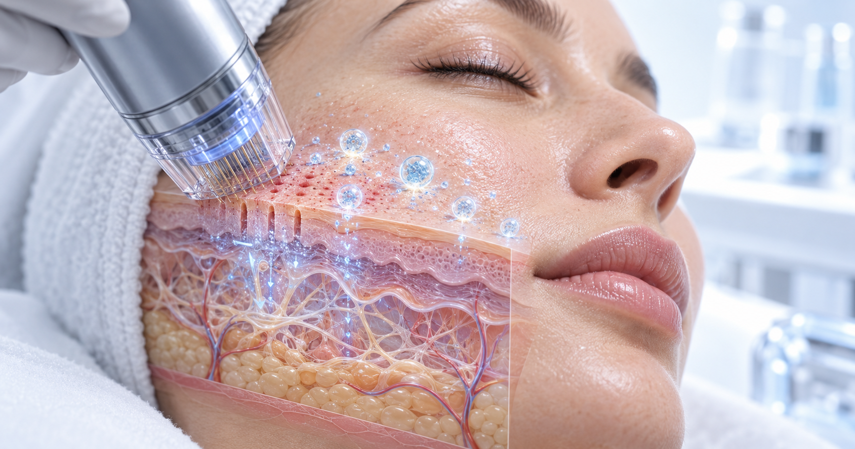 Medical illustration showing RF microneedling channels in facial skin with extracellular vesicle particles applied over the treated surface.