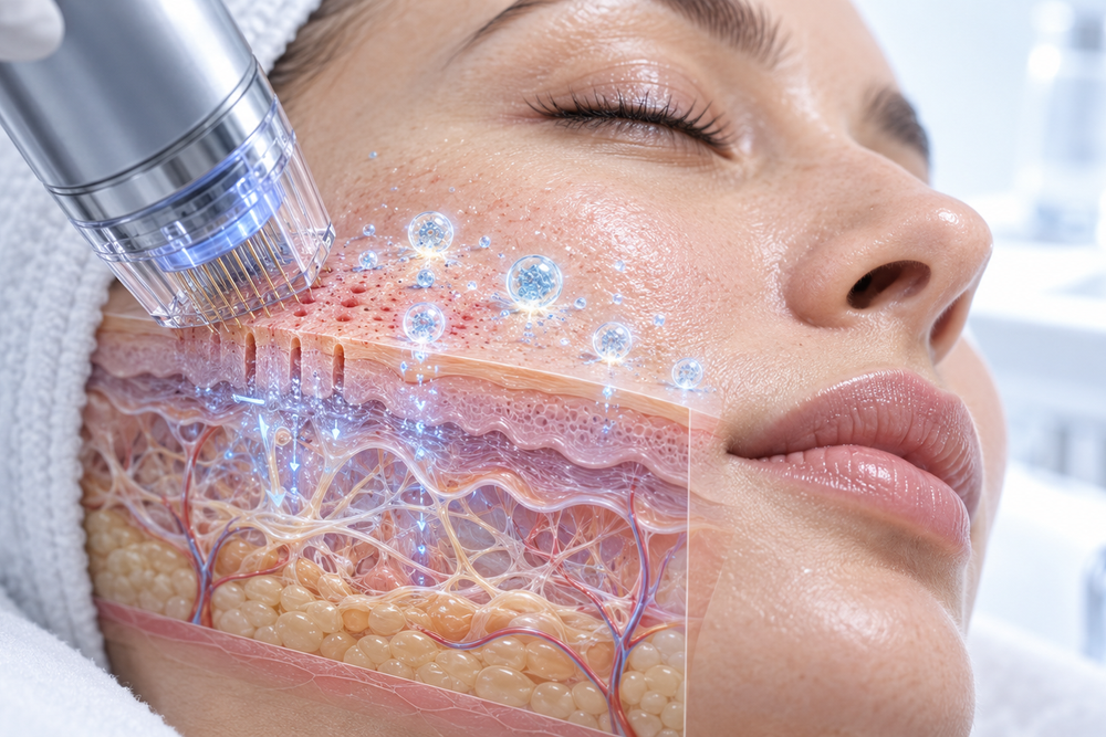 Medical illustration showing RF microneedling channels in facial skin with extracellular vesicle particles applied over the treated surface.