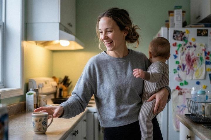 A mother in her kitchen laughs while holding her toddler on her hip in soft morning light.