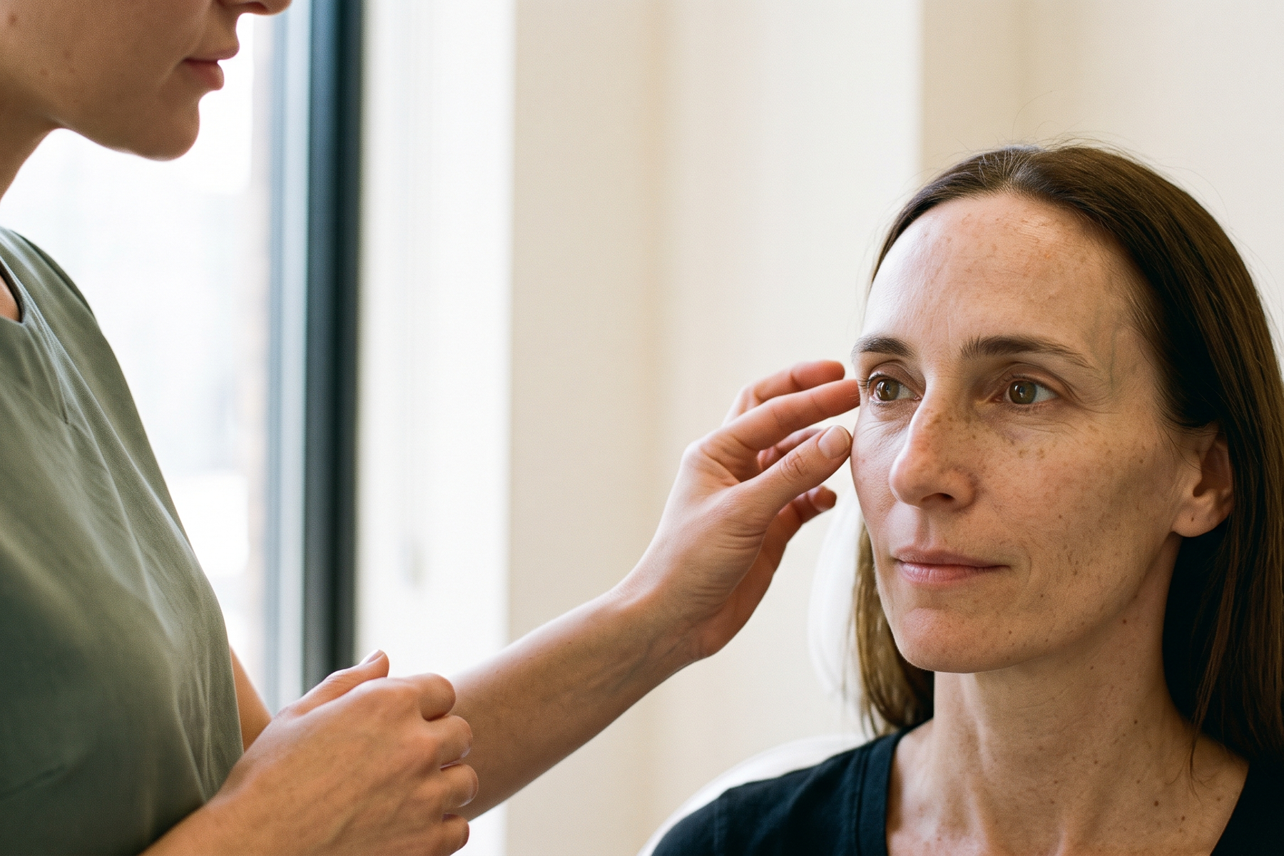 A clinician assesses the cheekbone and temple area of a seated patient in a consultation room.