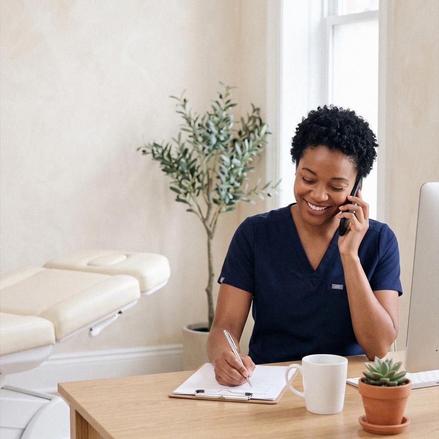 A nurse at Ideal Body Clinic takes a patient's call at her desk and writes notes on a clipboard.