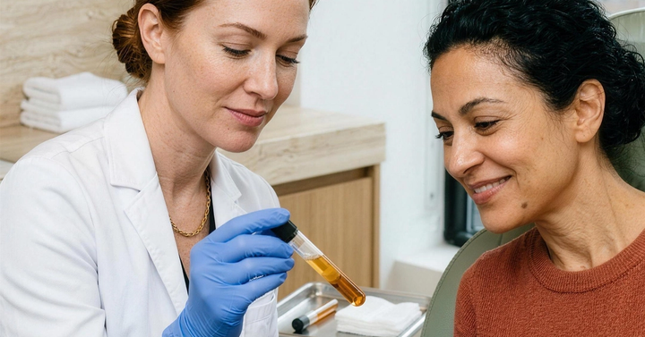 A patient with a warm, soft smile while a practitioner's hand rests beneath her cheekbone during a consultation at Ideal Body Clinic in Montreal.