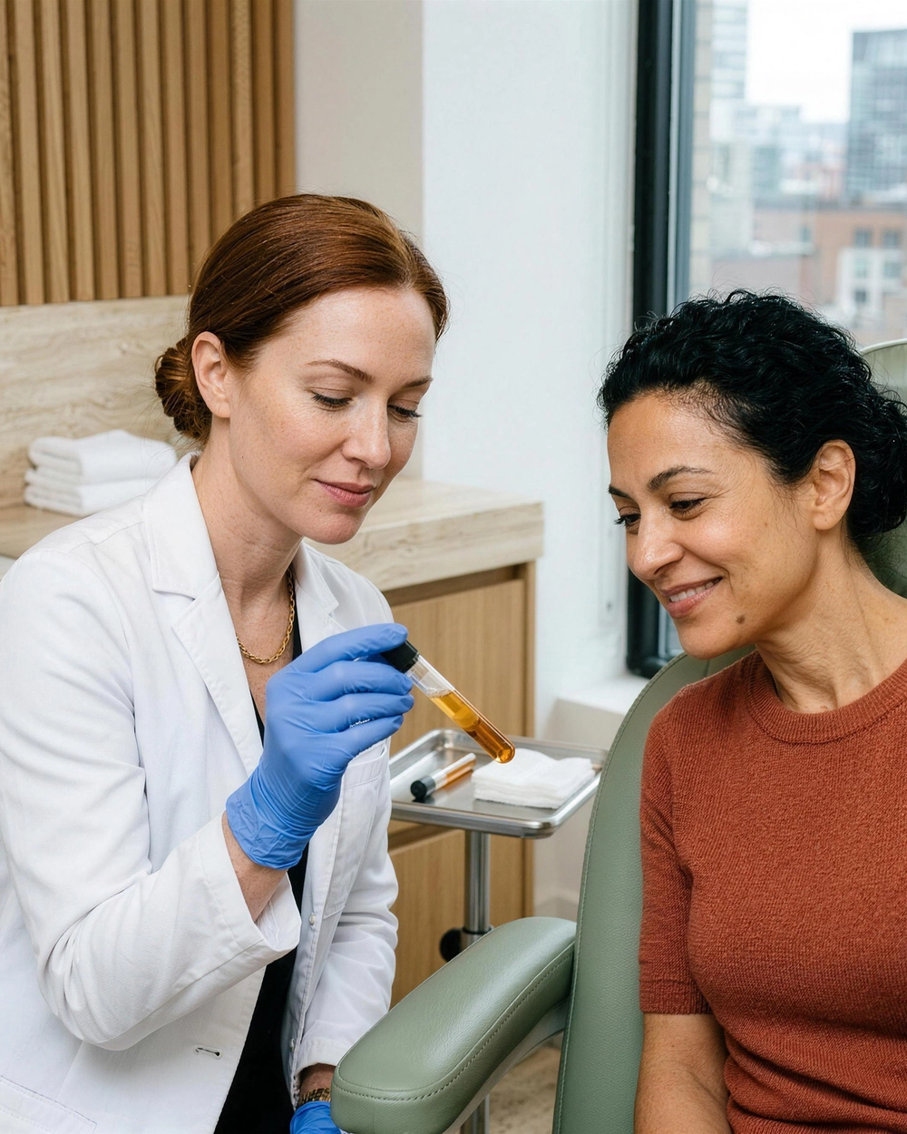 A patient with a warm, soft smile while a practitioner's hand rests beneath her cheekbone during a consultation at Ideal Body Clinic in Montreal.