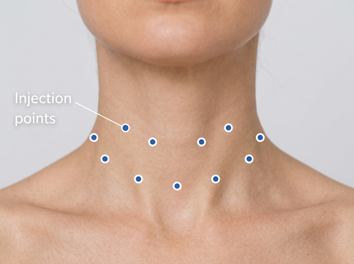 Injection points across the platysma for a nonsurgical neck lift