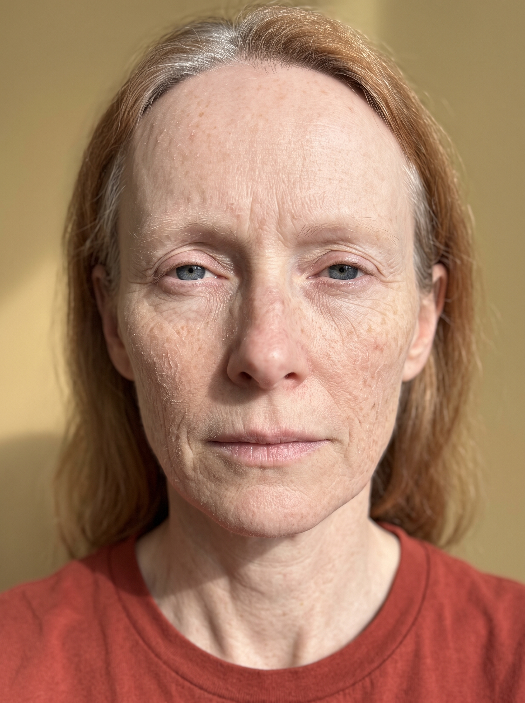Patient photographed before treatment, facing the camera under even, directional daylight.