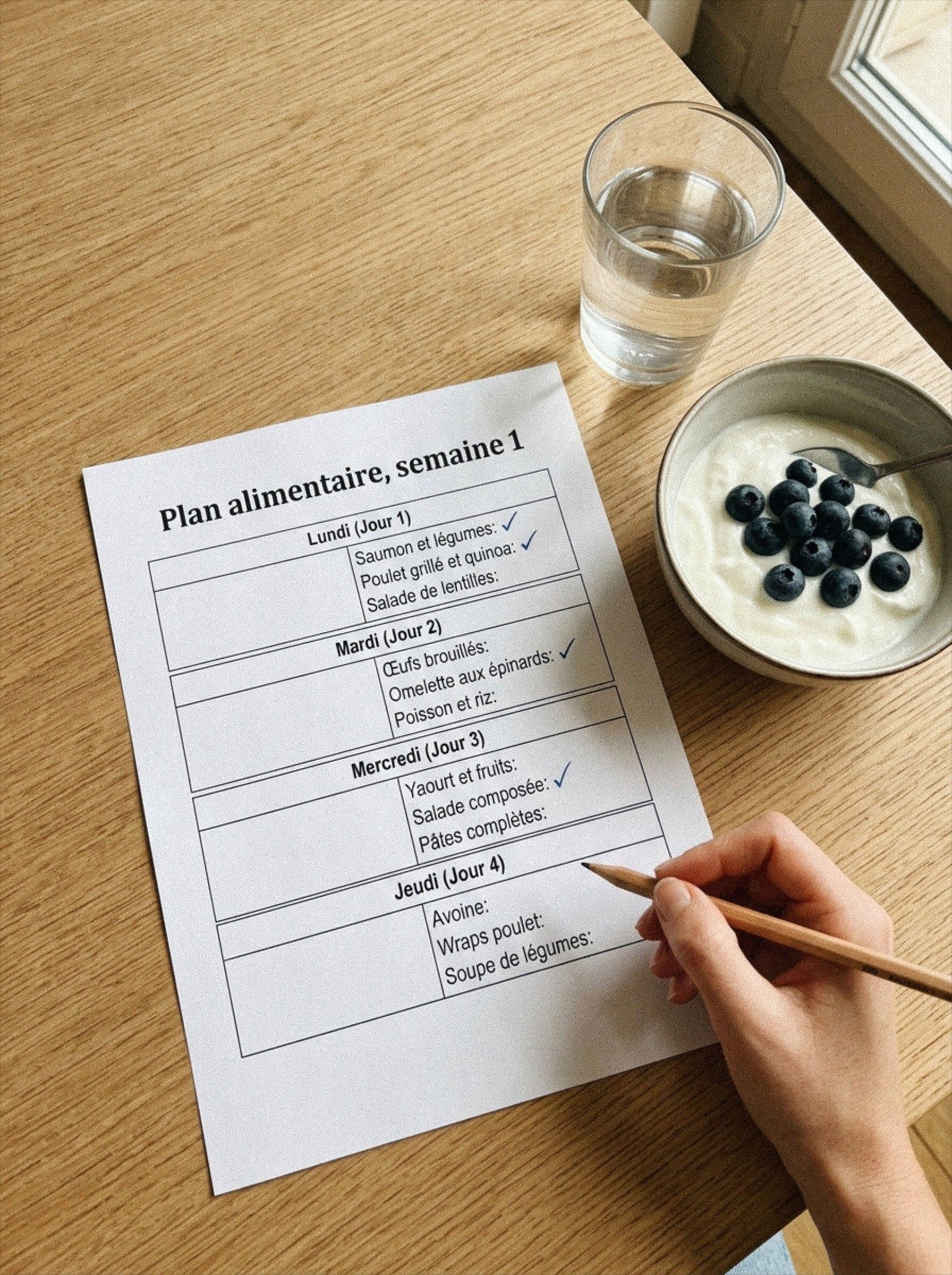 A personalized weekly meal plan in French on a kitchen table beside a bowl of yogurt with blueberries and a glass of water.