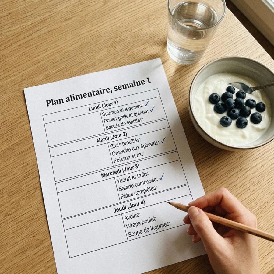 A personalized weekly meal plan in French on a kitchen table beside a bowl of yogurt with blueberries and a glass of water.