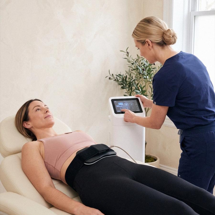 A patient relaxes on a treatment bed while a practitioner adjusts a muscle stimulation device placed over her abdomen.