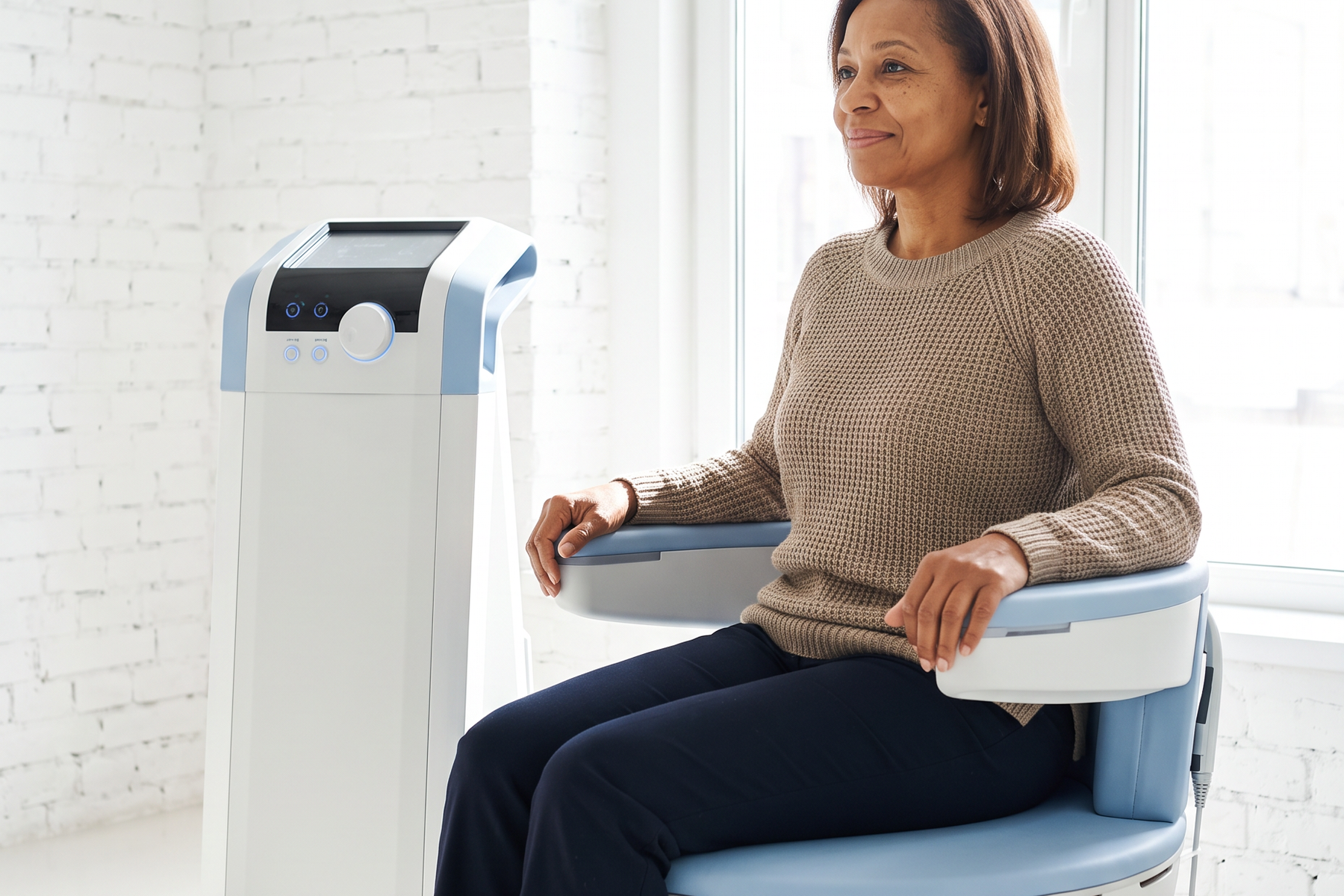 Emsella chair used for pelvic floor stimulation and urinary incontinence at Ideal Body Clinic in Montreal
