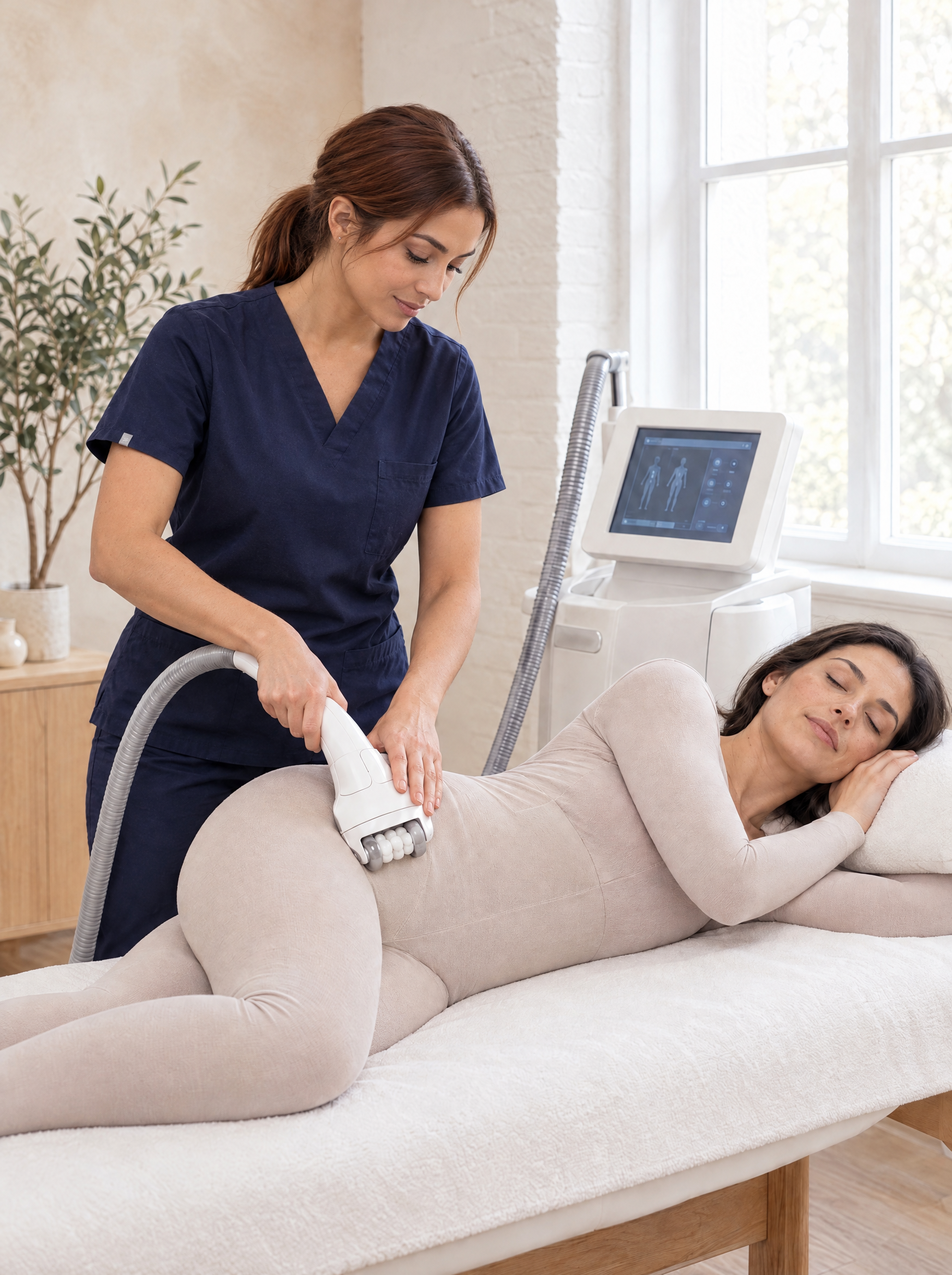 A practitioner glides an LPG roller handpiece along the hip of a relaxed patient in a body suit during an endermologie session at Ideal Body Clinic.