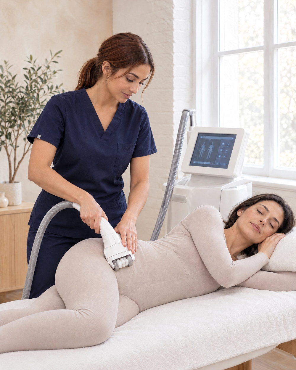 A practitioner glides an LPG roller handpiece along the hip of a relaxed patient in a body suit during an endermologie session at Ideal Body Clinic.