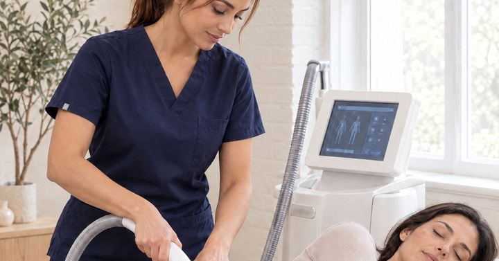 A practitioner glides an LPG roller handpiece along the hip of a relaxed patient in a body suit during an endermologie session at Ideal Body Clinic.
