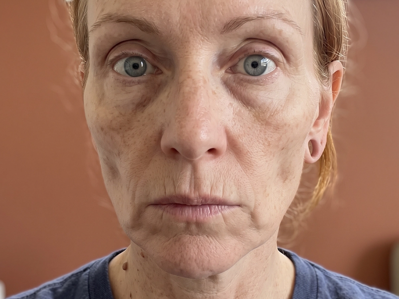 Patient photographed before treatment, facing the camera under even, directional daylight.