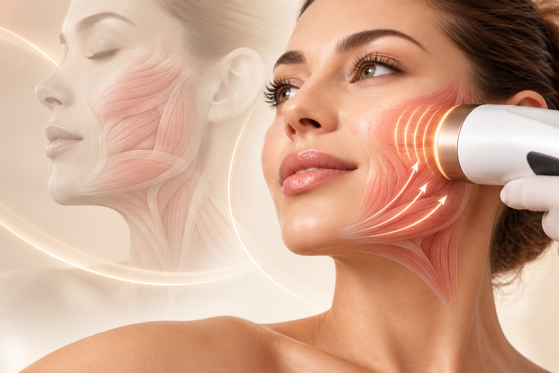 Three-quarter view of a woman's face with an anatomical overlay showing facial muscles and a treatment applicator positioned near the cheek.