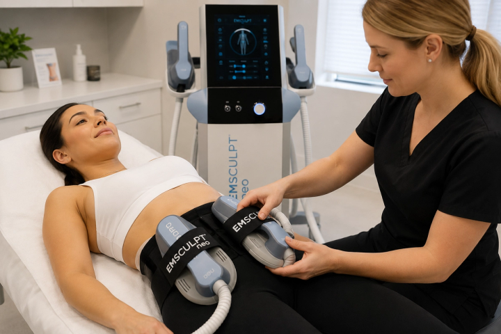 A patient lies on a treatment bed with EMSCULPT NEO applicators positioned over the abdominal muscles while a clinician adjusts the device.