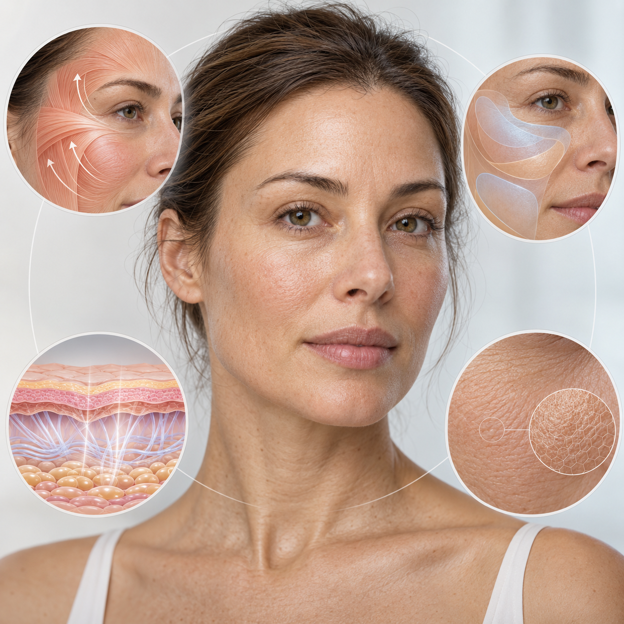 A natural adult face surrounded by four subtle visual sections representing movement, facial volume, skin firmness and skin texture.