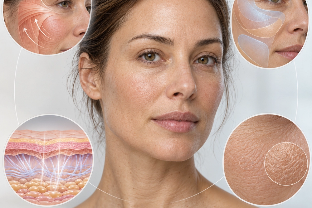 A natural adult face surrounded by four subtle visual sections representing movement, facial volume, skin firmness and skin texture.