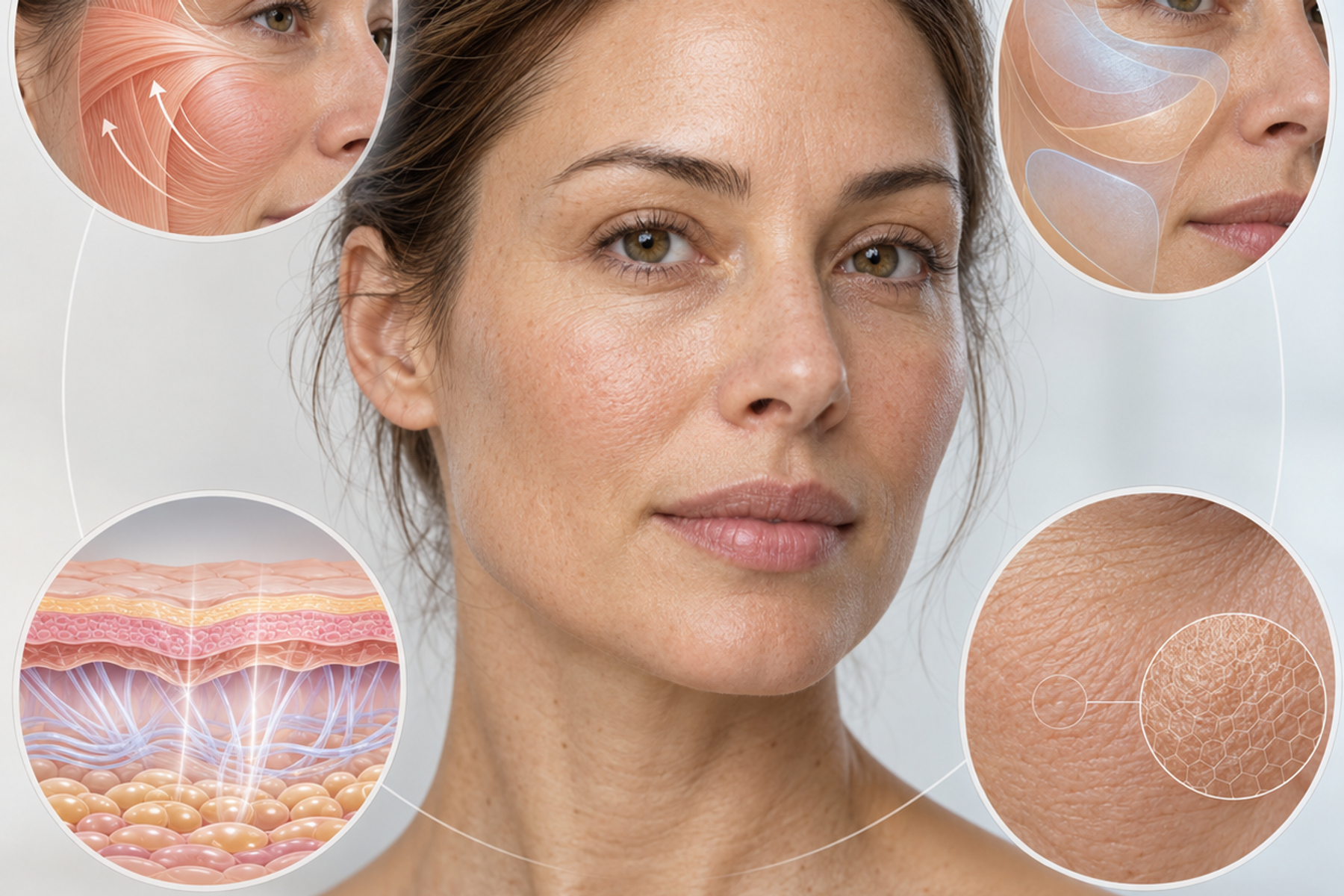 A natural adult face surrounded by four subtle visual sections representing movement, facial volume, skin firmness and skin texture.
