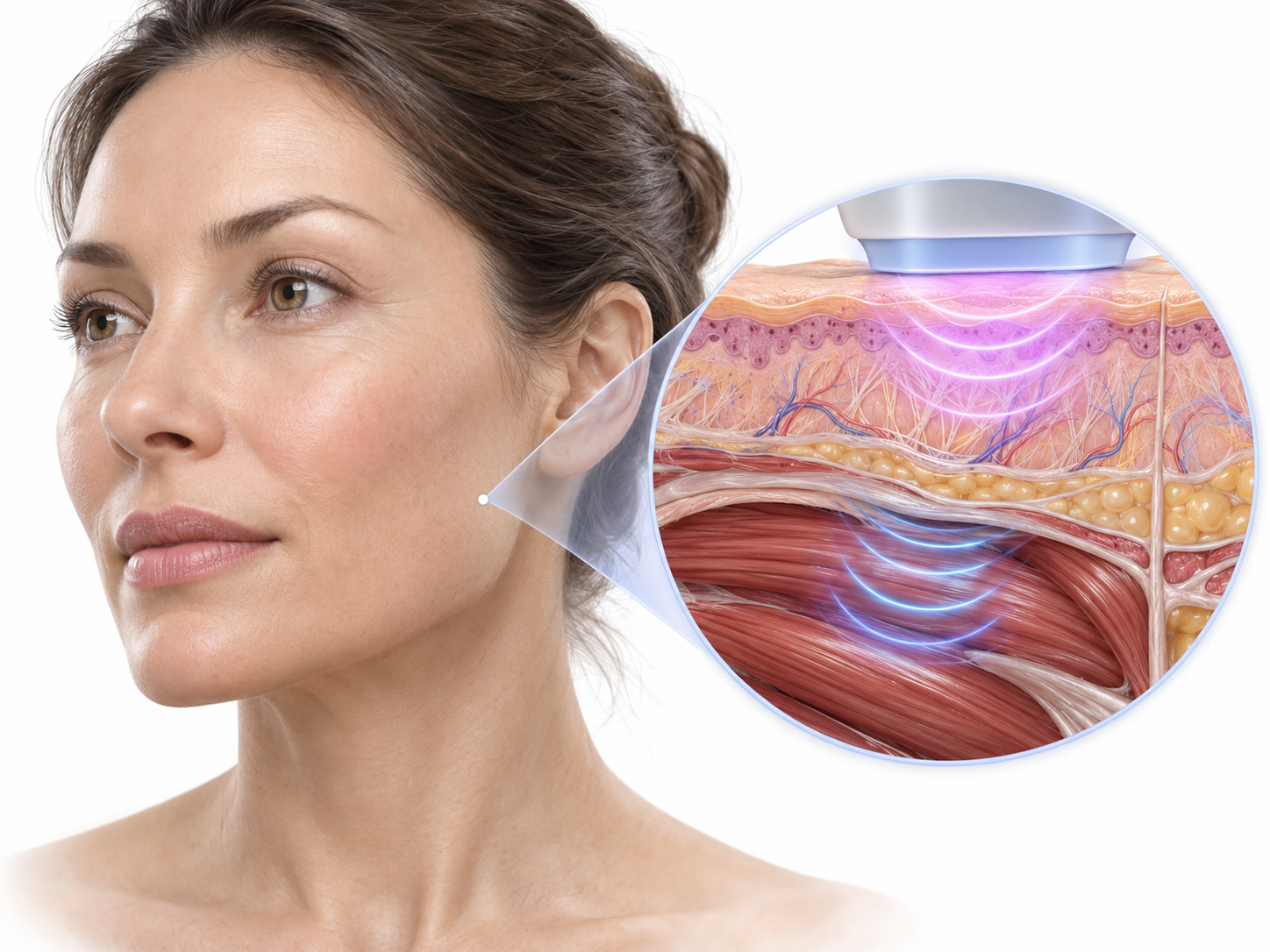 Medical illustration of a woman's face alongside a skin and facial muscle cross-section showing the areas targeted by TriLift treatment.