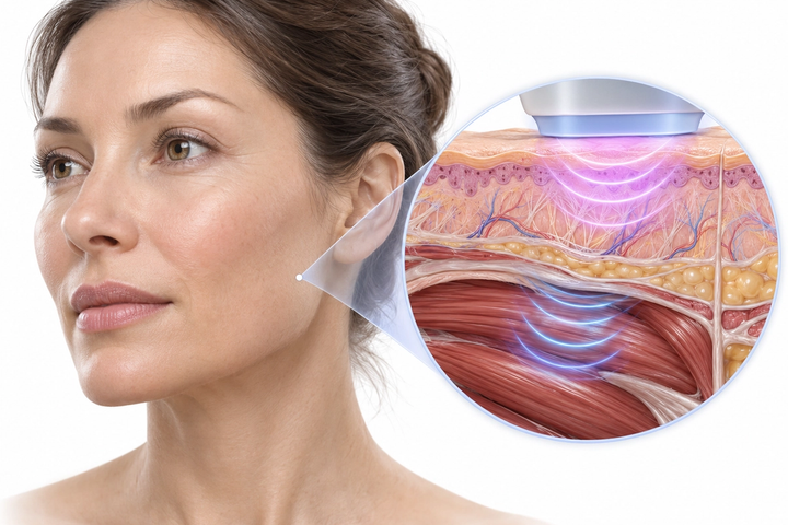 Medical illustration of a woman's face alongside a skin and facial muscle cross-section showing the areas targeted by TriLift treatment.