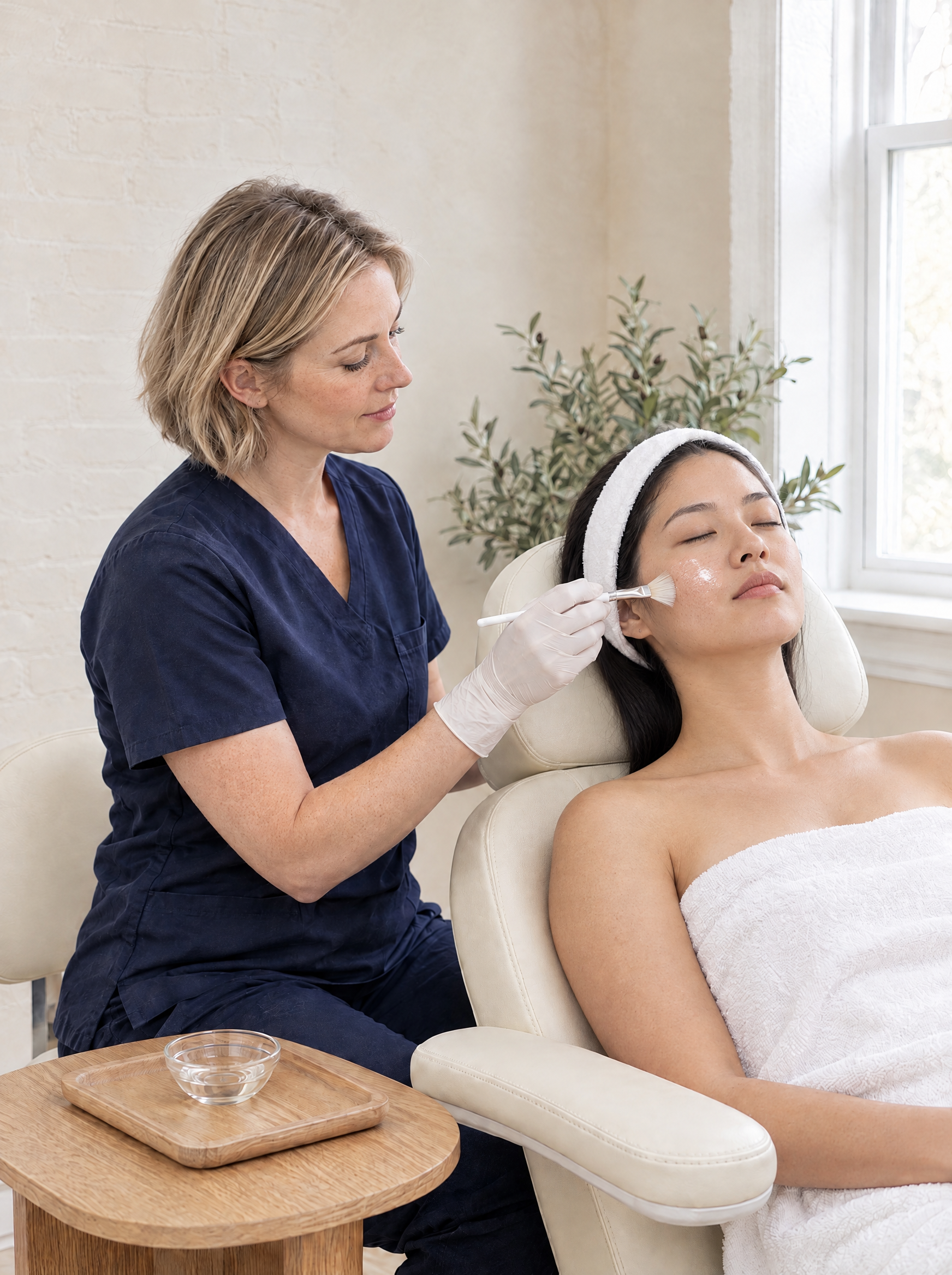 An aesthetician applies a light chemical peel with a fan brush to a relaxed patient's cheek in a bright treatment room at Ideal Body Clinic.