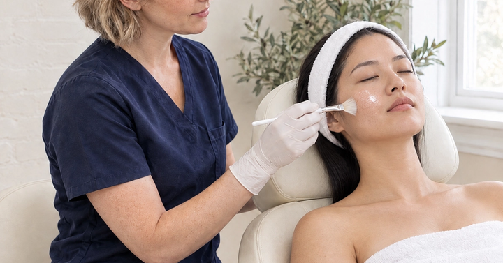 An aesthetician applies a light chemical peel with a fan brush to a relaxed patient's cheek in a bright treatment room at Ideal Body Clinic.