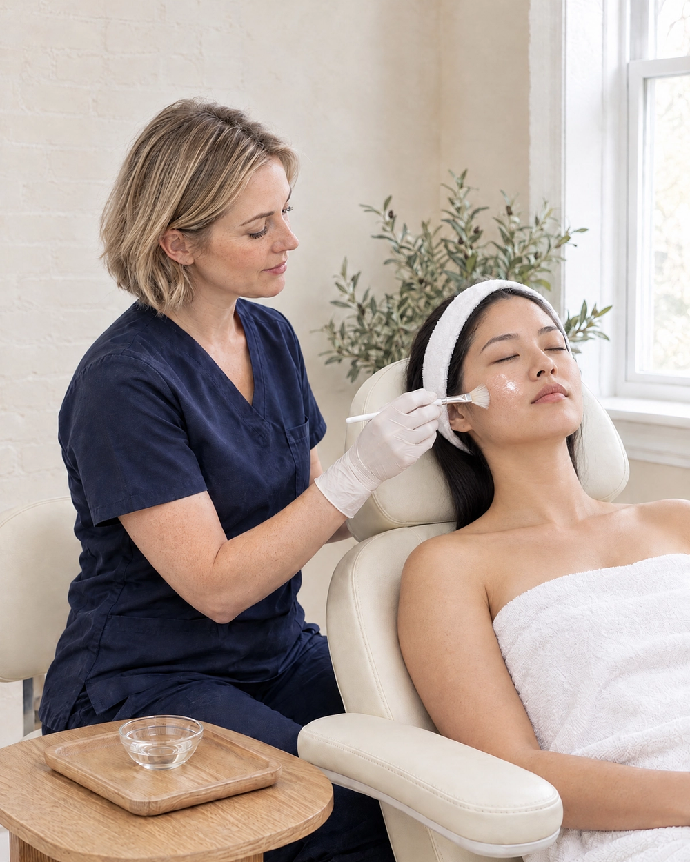 An aesthetician applies a light chemical peel with a fan brush to a relaxed patient's cheek in a bright treatment room at Ideal Body Clinic.