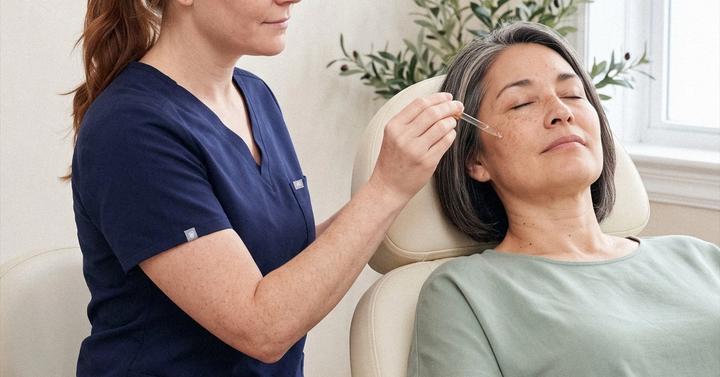 A practitioner at Ideal Body Clinic applies an exosome serum with a dropper to a relaxed patient's cheek.