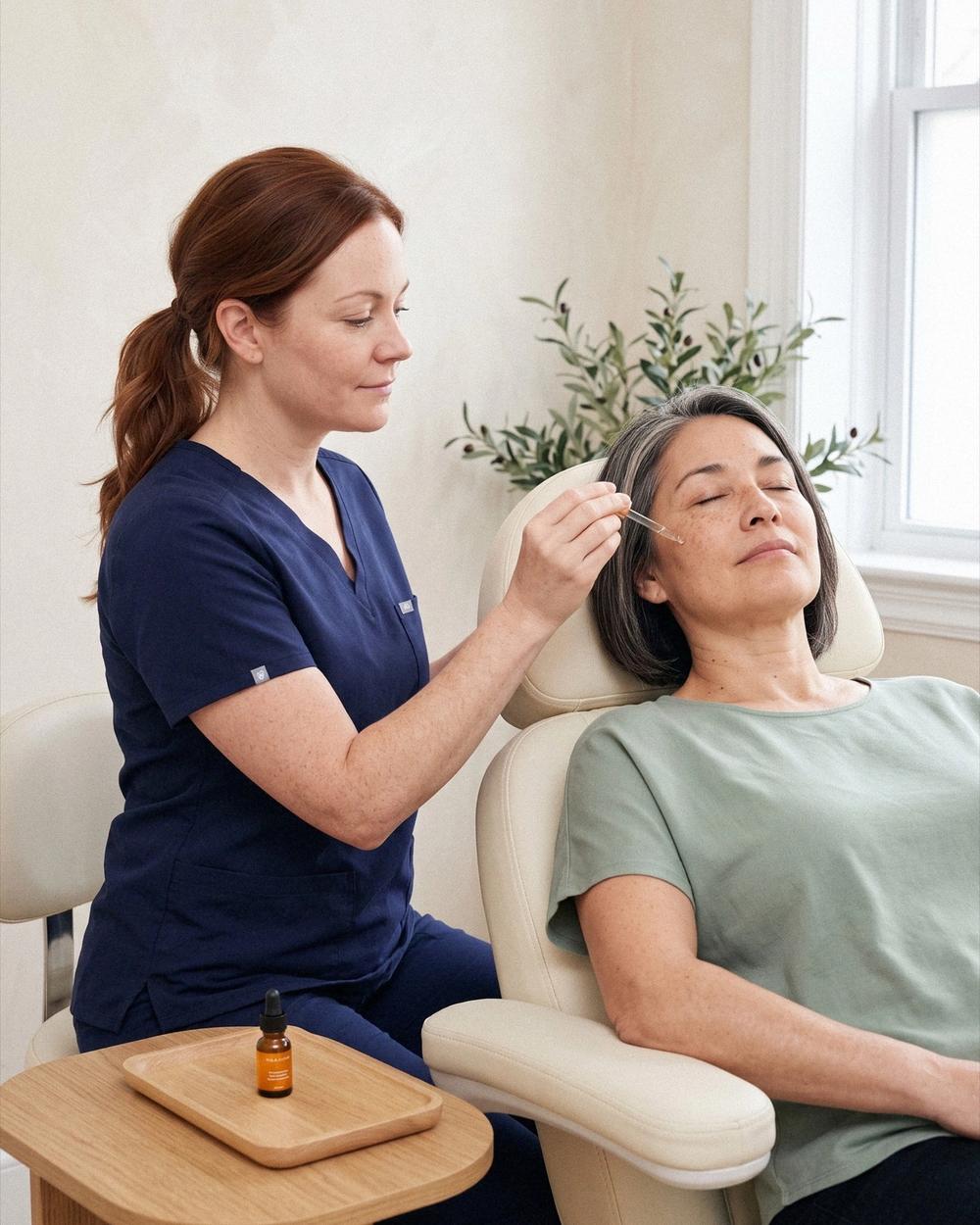 A practitioner at Ideal Body Clinic applies an exosome serum with a dropper to a relaxed patient's cheek.