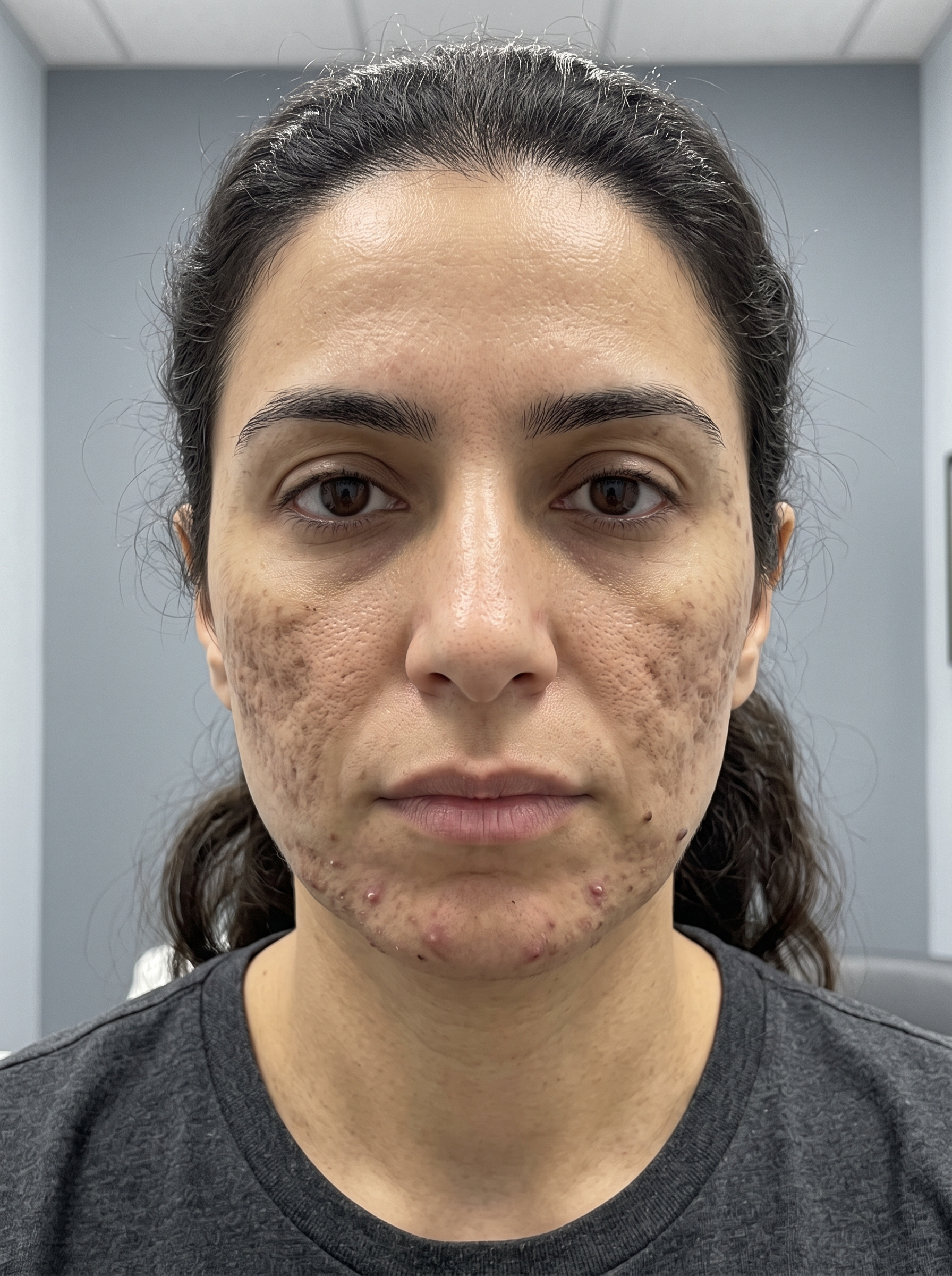 Patient photographed before treatment, facing the camera under even, directional daylight.