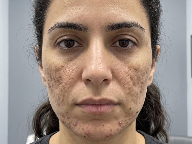 Patient photographed before treatment, facing the camera under even, directional daylight.