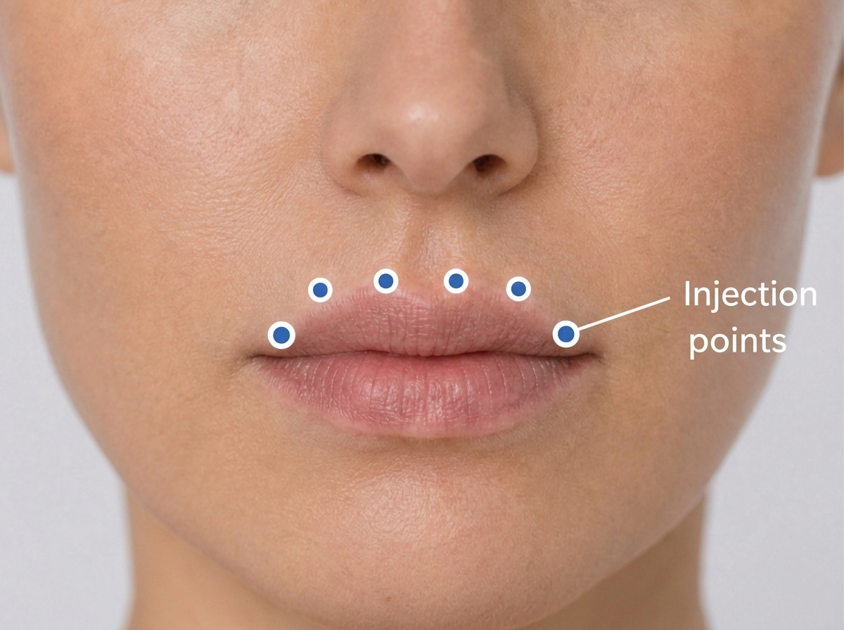 Injection points for a lip flip along the upper lip