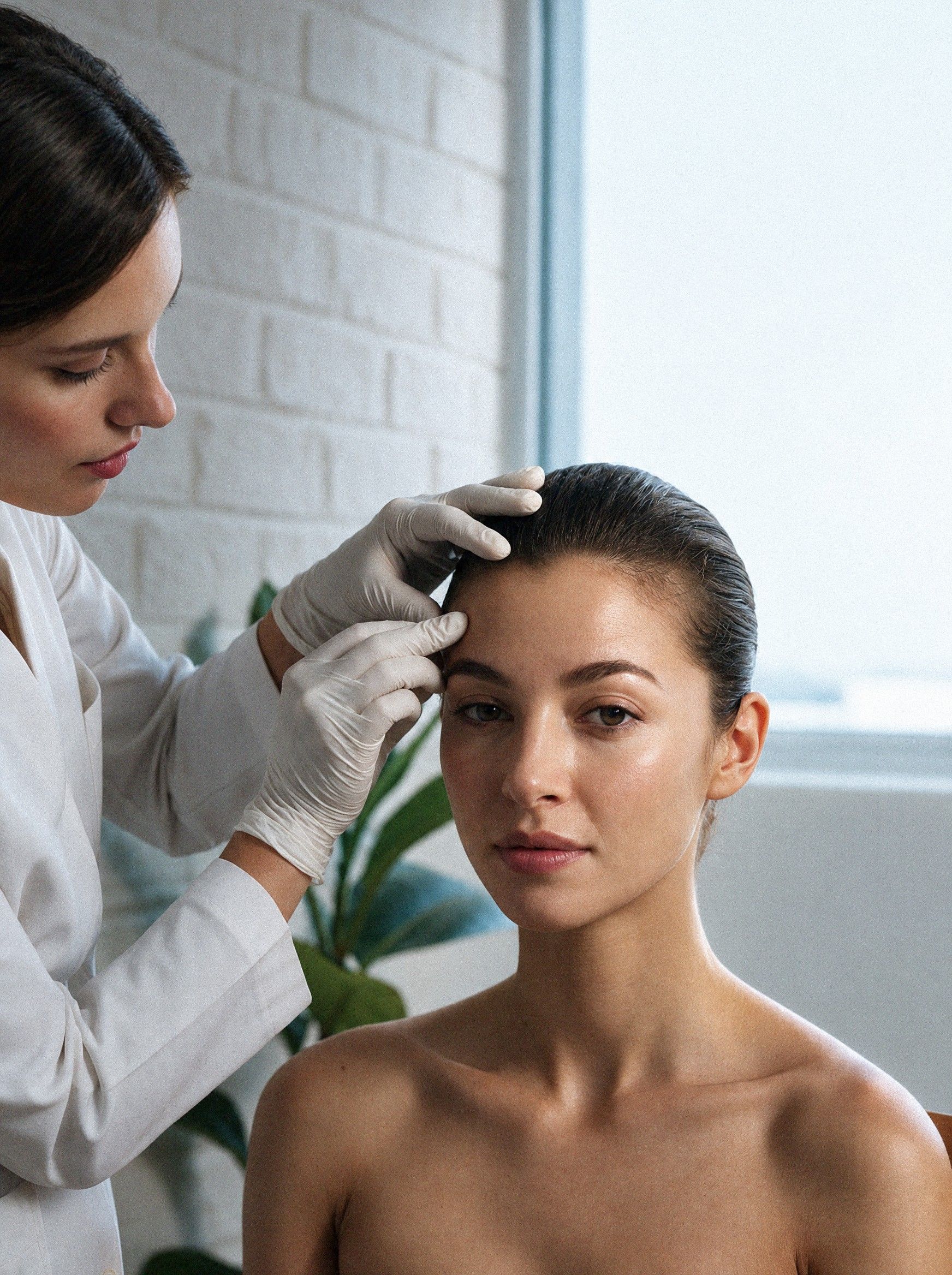 A practitioner at Ideal Body Clinic assesses a patient's forehead before a wrinkle relaxer treatment in Montreal.