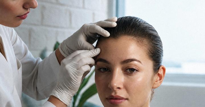 A practitioner at Ideal Body Clinic assesses a patient's forehead before a wrinkle relaxer treatment in Montreal.
