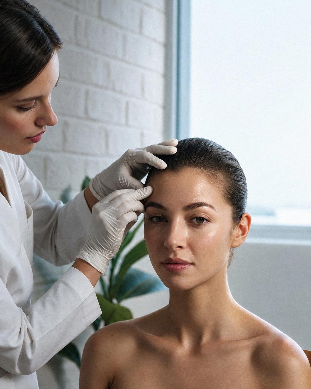A practitioner at Ideal Body Clinic assesses a patient's forehead before a wrinkle relaxer treatment in Montreal.