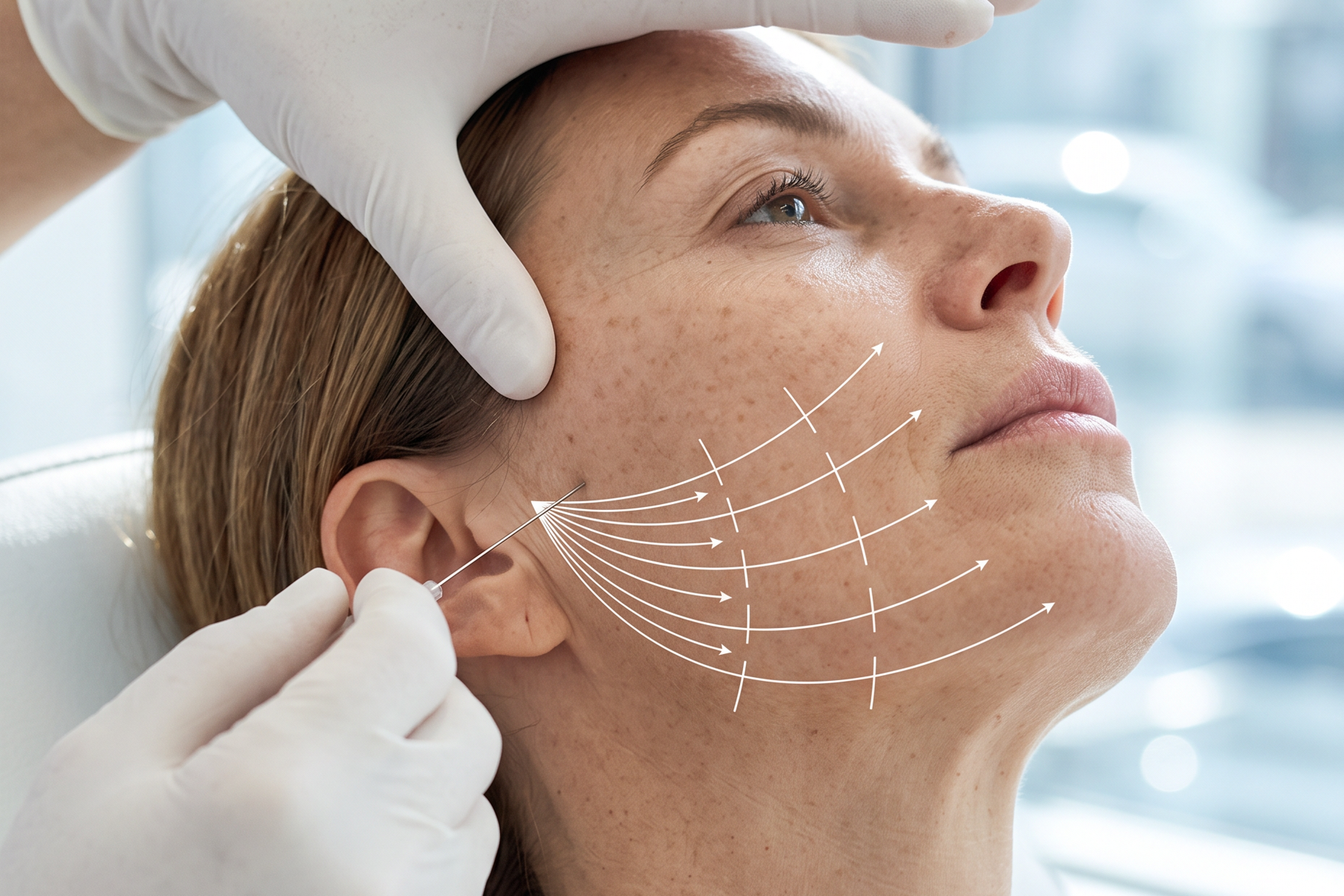 PDO threads being placed at the outer brow for a cat eye or fox eye thread lift at Ideal Body Clinic in Montreal