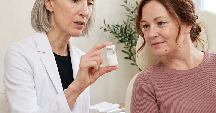 A physician assesses a patient's midface during a consultation at Ideal Body Clinic in Montreal.