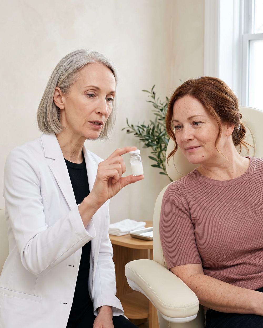 A physician assesses a patient's midface during a consultation at Ideal Body Clinic in Montreal.
